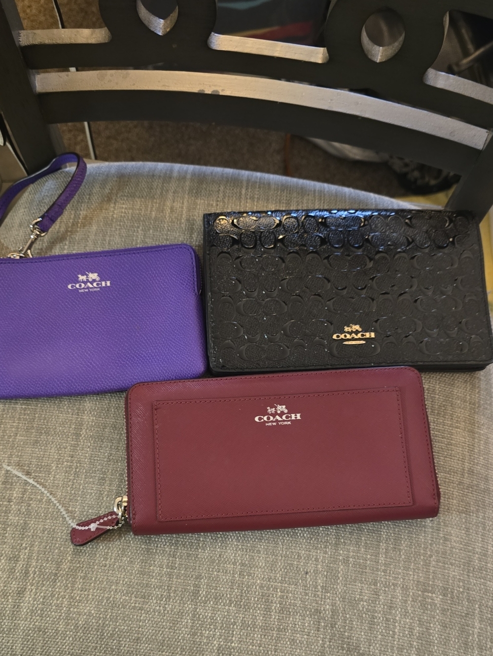 Coach Purple Wristlet, Black Embossed Clutch & Burgundy Zip Wallet Trio